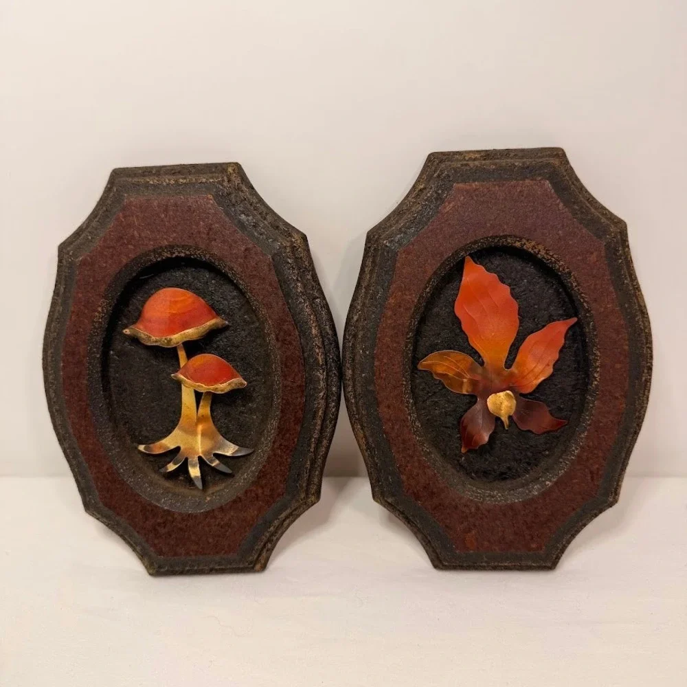 Vintage 3D Mushroom and Leaf Wood Wall Art Plaques Set 2 MCM Nature Metal Decor